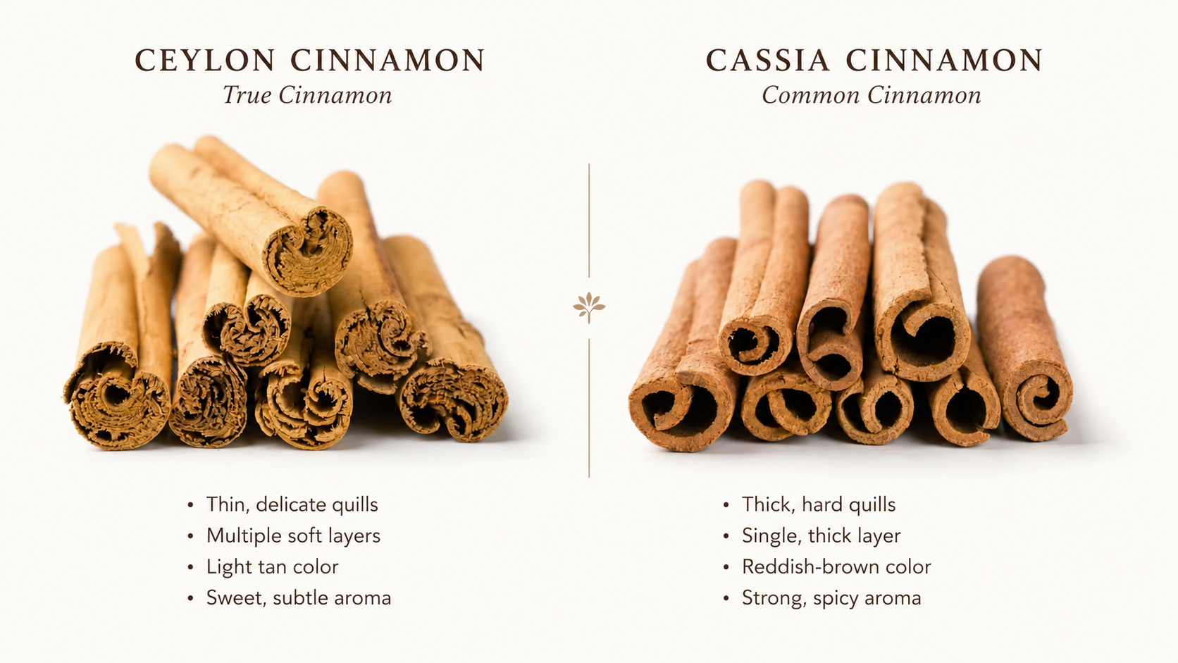 Side-by-side comparison of a rolled Ceylon cinnamon quill and a hard cassia bark stick